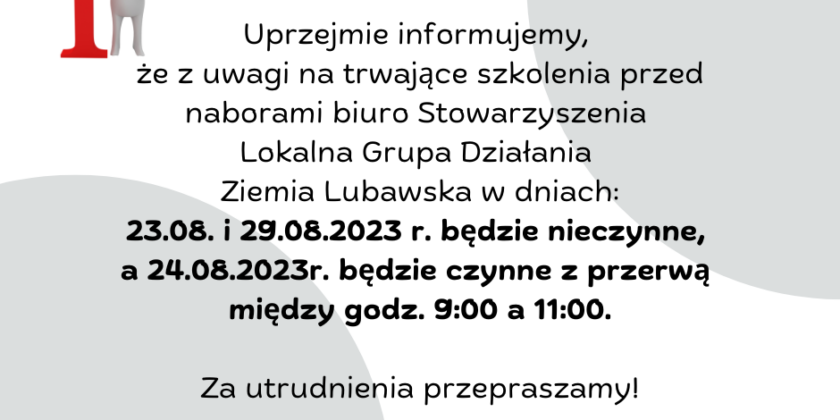 Zmiana godzin pracy biura LGD Ziemia Lubawska