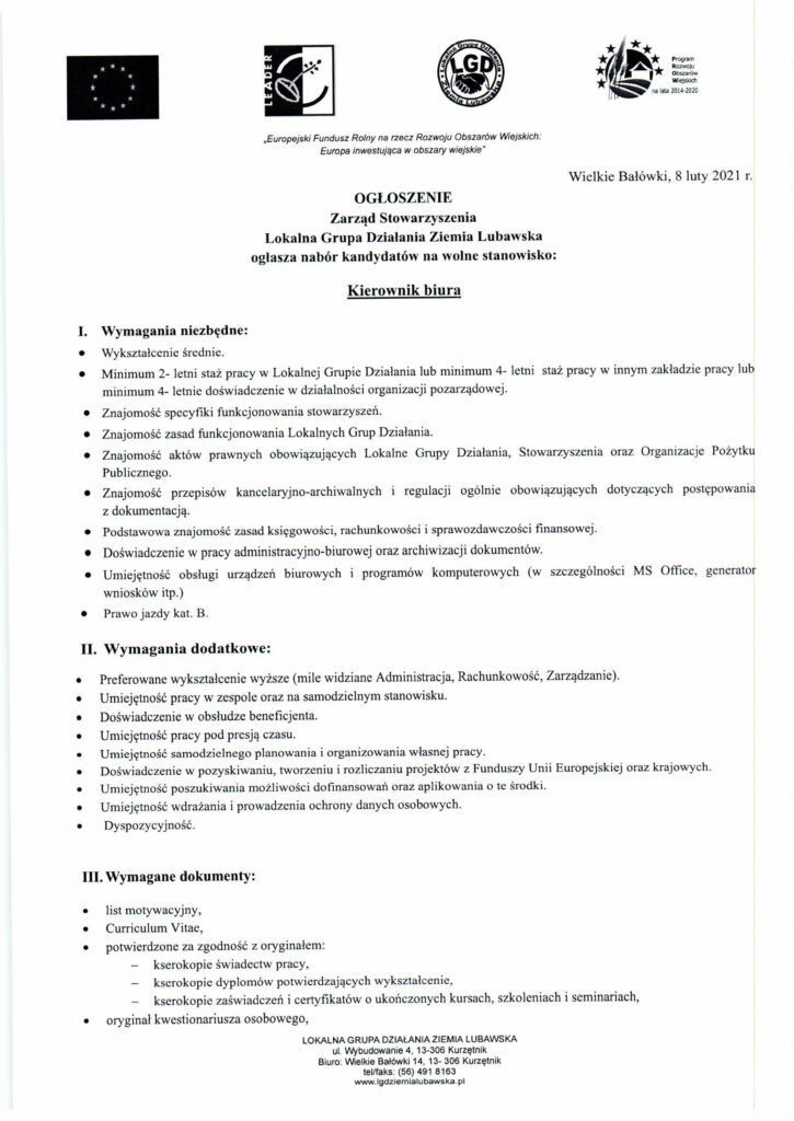 OGŁOSZENIE O NABORZE NA STANOWISKO PRACY – KIEROWNIK BIURA