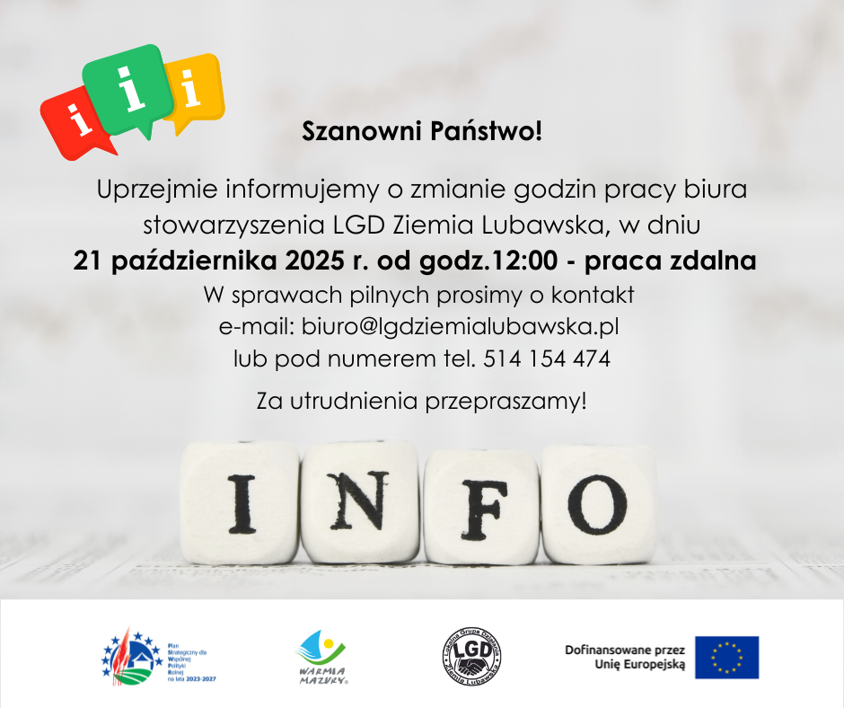 Zmiana godzin pracy Biura LGD Ziemia Lubawska 21.10.2025 r.